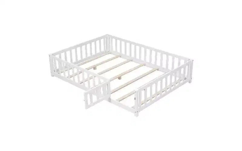 Estructura de cama de plataforma tamaño Full para niños con barandilla de seguridad y puertas abatibles, estructura de cama de suelo, cama de madera multiusos para niños pequeños