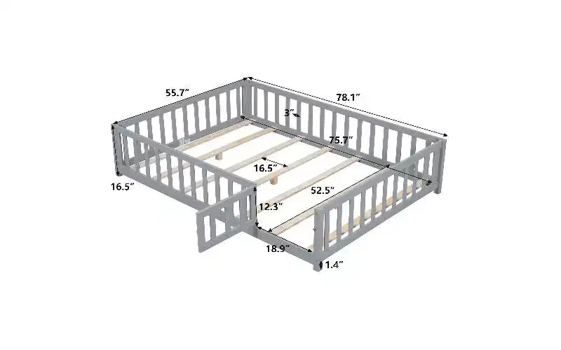 Estructura de cama de plataforma tamaño Full para niños con barandilla de seguridad y puertas abatibles, estructura de cama de suelo, cama de madera multiusos para niños pequeños
