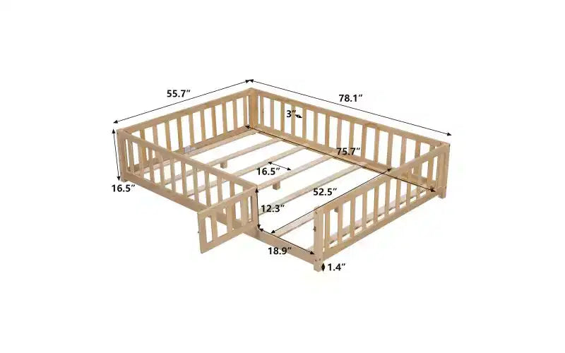 Estructura de cama de plataforma tamaño Full para niños con barandilla de seguridad y puertas abatibles, estructura de cama de suelo, cama de madera multiusos para niños pequeños