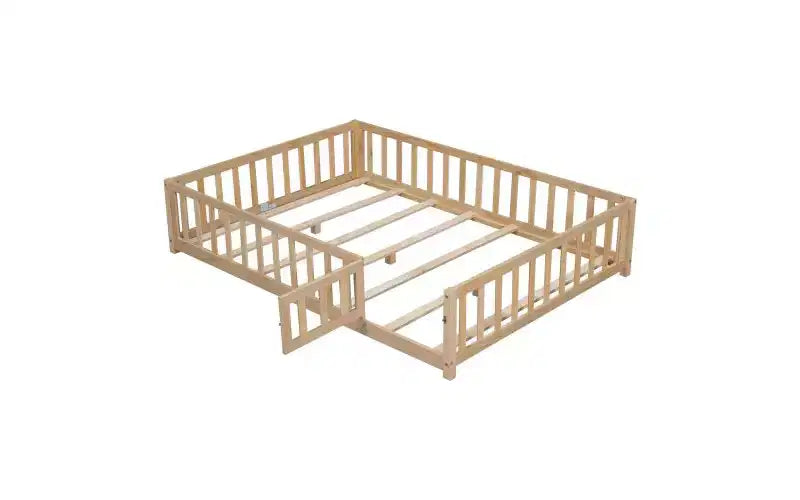 Estructura de cama de plataforma tamaño Full para niños con barandilla de seguridad y puertas abatibles, estructura de cama de suelo, cama de madera multiusos para niños pequeños