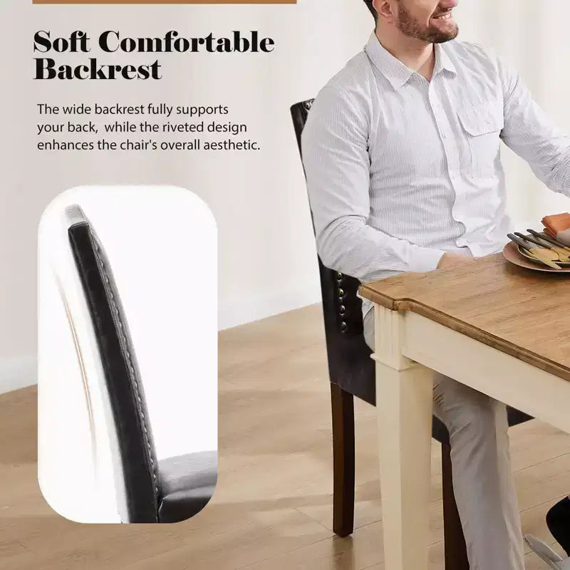 Juego de 2 sillas de comedor modernas sin brazos, tapizadas en tela, con adornos de tachuelas y patas de madera