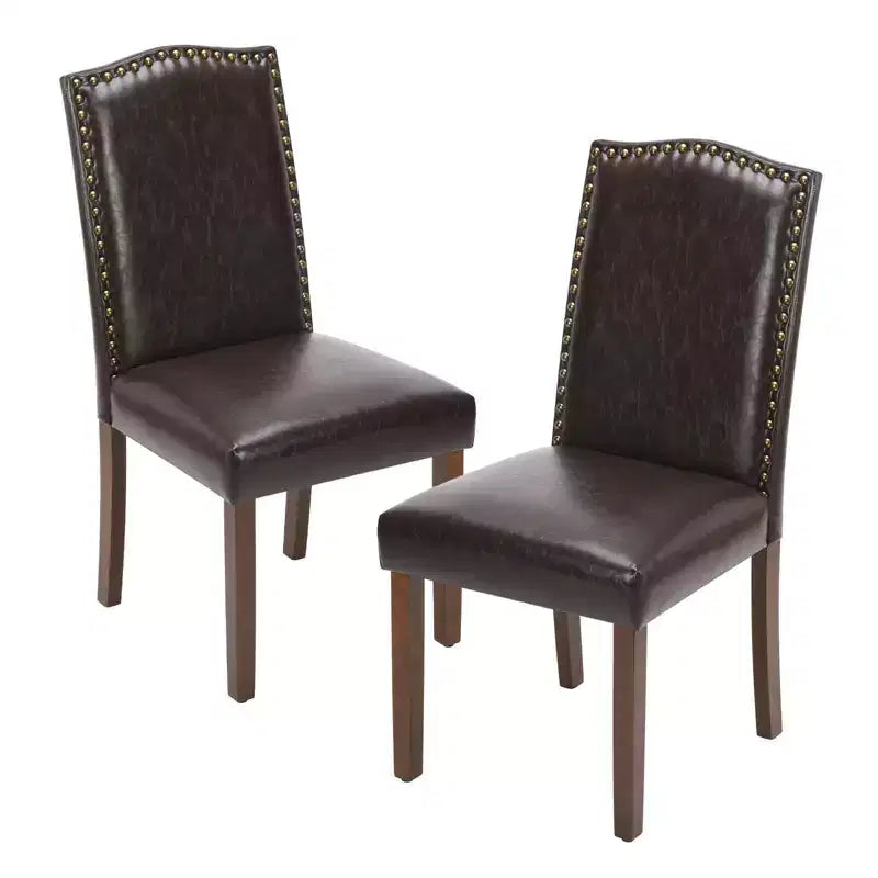 Juego de 2 sillas de comedor modernas sin brazos, tapizadas en tela, con adornos de tachuelas y patas de madera