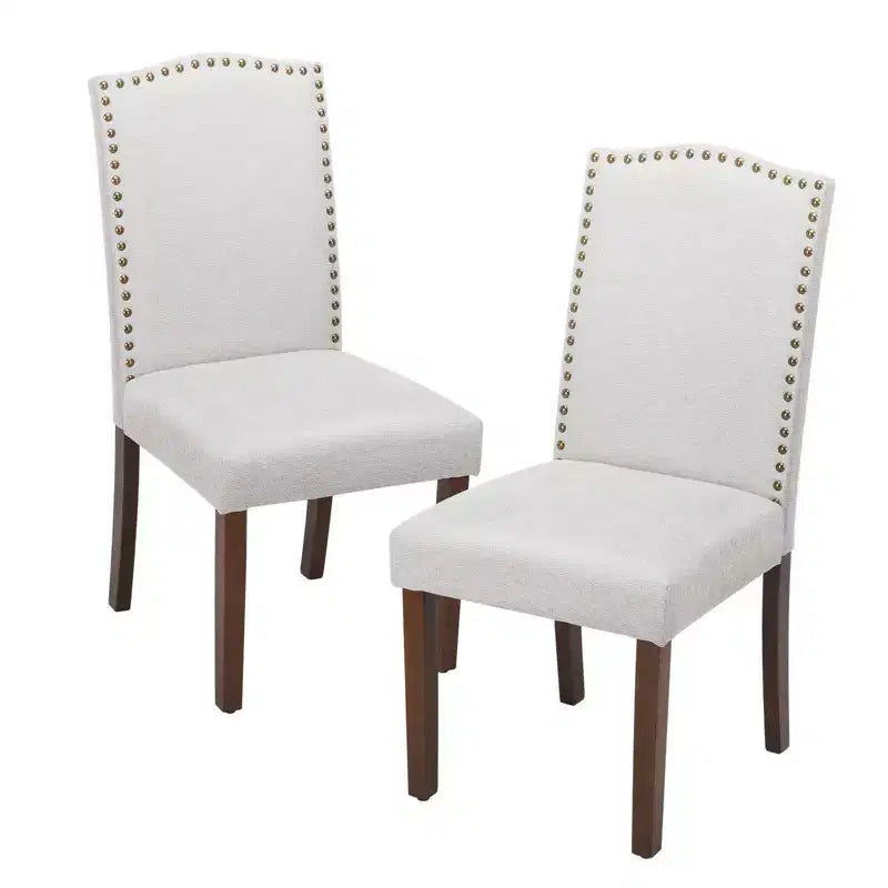 Juego de 2 sillas de comedor modernas sin brazos, tapizadas en tela, con adornos de tachuelas y patas de madera