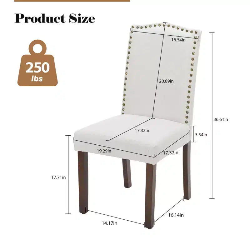 Juego de 2 sillas de comedor modernas sin brazos, tapizadas en tela, con adornos de tachuelas y patas de madera