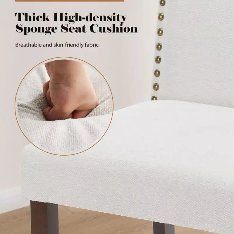Juego de 2 sillas de comedor modernas sin brazos, tapizadas en tela, con adornos de tachuelas y patas de madera