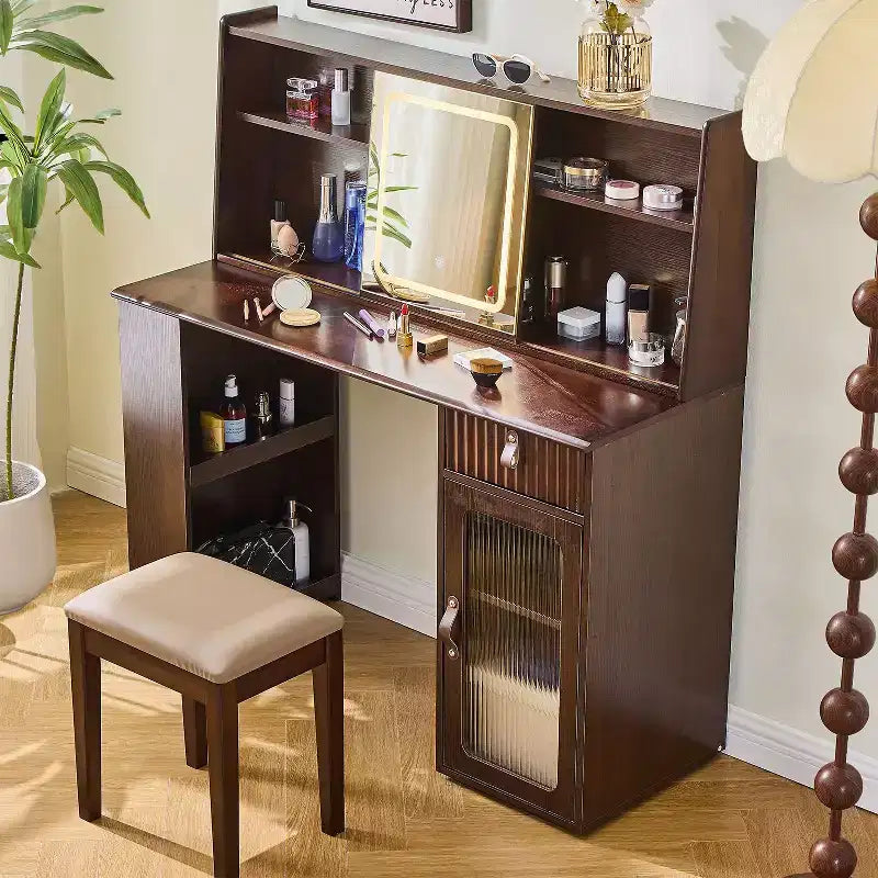 Elegante tocador con espejo ajustable de 3 modos, escritorio de maquillaje con estantes grandes y taburete acolchado, para el hogar, nogal