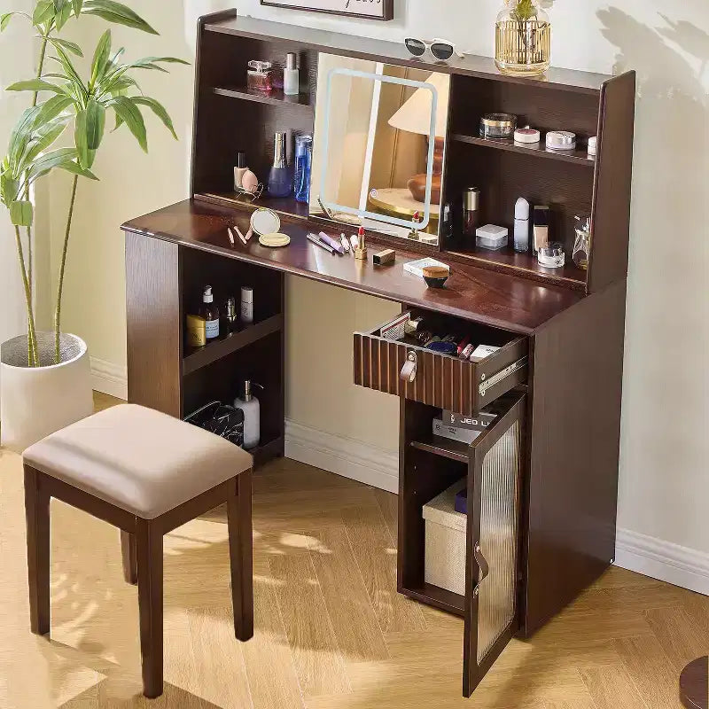 Elegante tocador con espejo ajustable de 3 modos, escritorio de maquillaje con estantes grandes y taburete acolchado, para el hogar, nogal