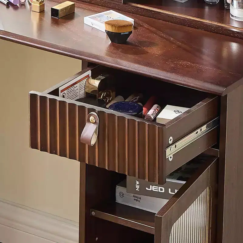 Elegante tocador con espejo ajustable de 3 modos, escritorio de maquillaje con estantes grandes y taburete acolchado, para el hogar, nogal