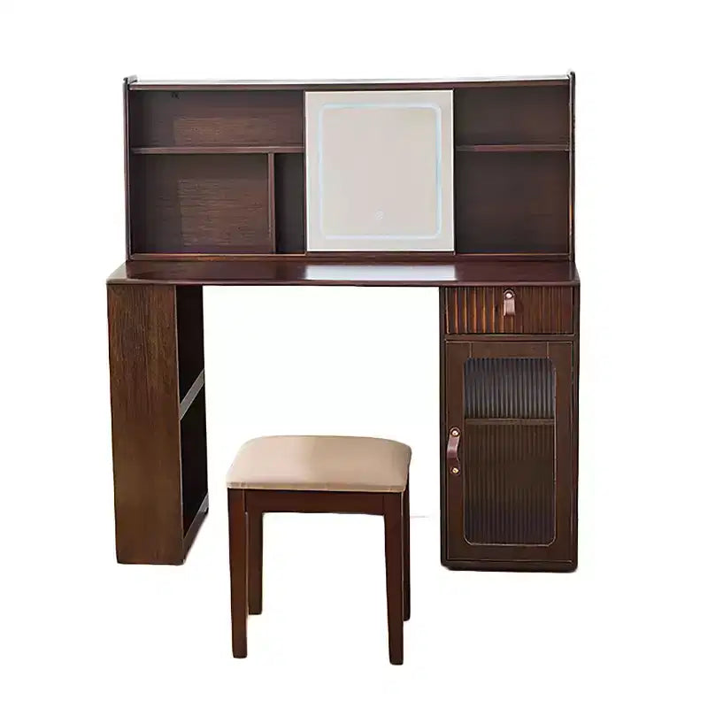 Elegante tocador con espejo ajustable de 3 modos, escritorio de maquillaje con estantes grandes y taburete acolchado, para el hogar, nogal