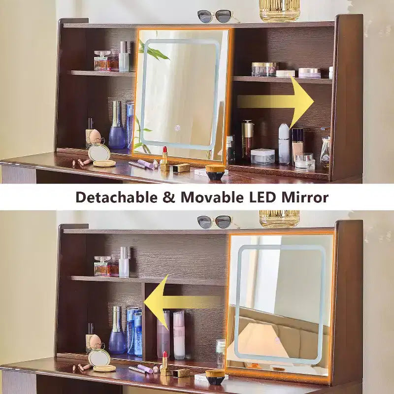 Elegante tocador con espejo ajustable de 3 modos, escritorio de maquillaje con estantes grandes y taburete acolchado, para el hogar, nogal
