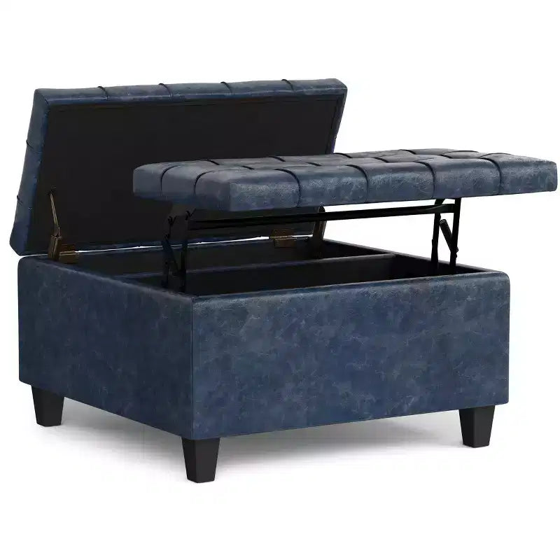 Kleiner quadratischer Couchtisch mit Stauraum, Sitzhocker aus veganem Leder