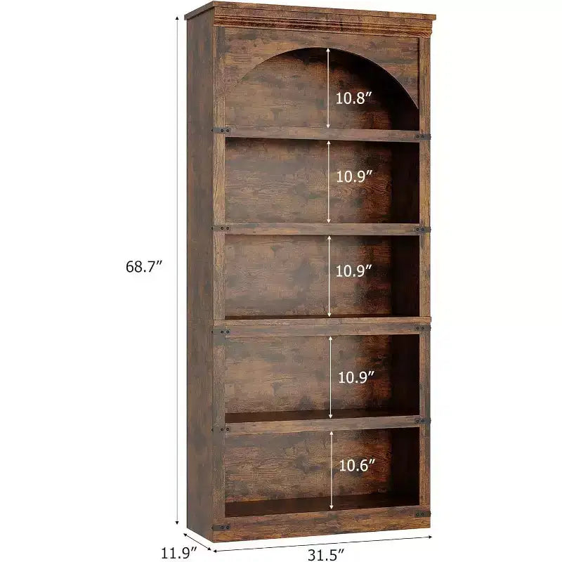 Bibliothèque arquée à 5 étagères, étagère de rangement imitation bois rustique avec protections d’angle en métal pour salon ou bureau