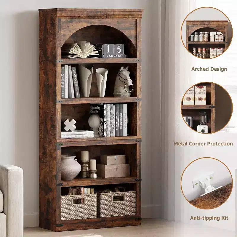 Bibliothèque arquée à 5 étagères, étagère de rangement imitation bois rustique avec protections d’angle en métal pour salon ou bureau