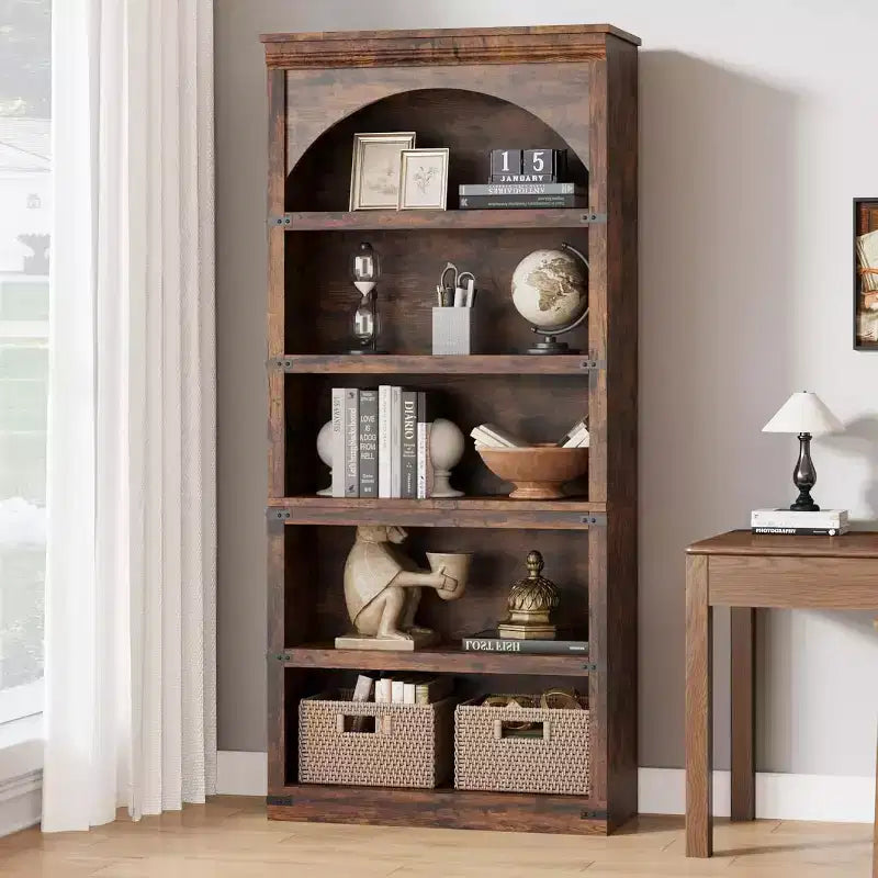 Bibliothèque arquée à 5 étagères, étagère de rangement imitation bois rustique avec protections d’angle en métal pour salon ou bureau