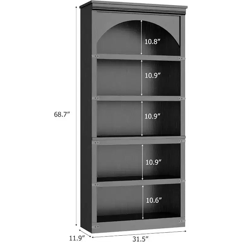 Bibliothèque arquée à 5 étagères, étagère de rangement imitation bois rustique avec protections d’angle en métal pour salon ou bureau
