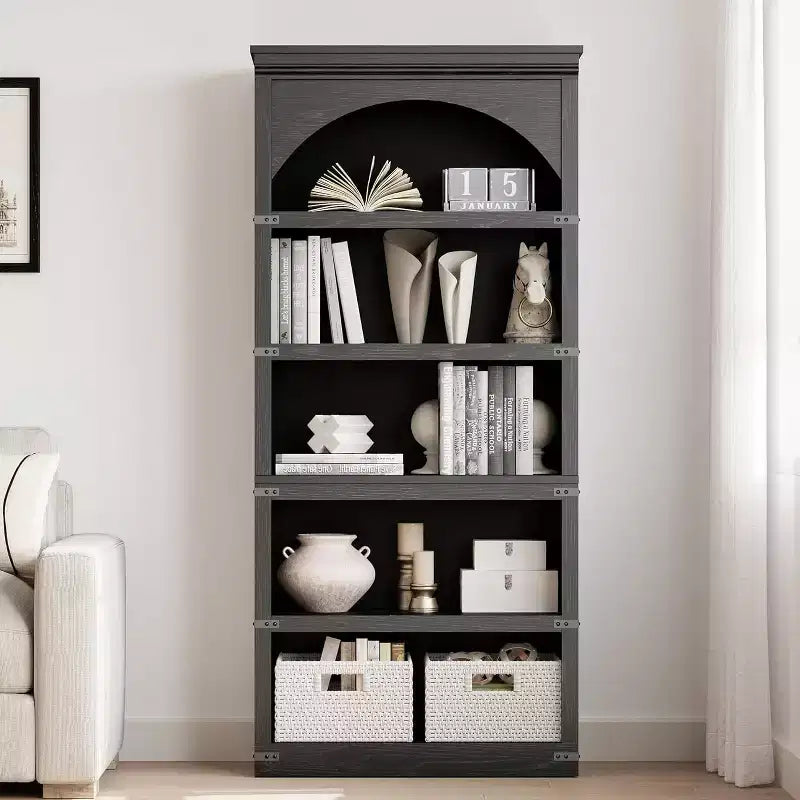 Bibliothèque arquée à 5 étagères, étagère de rangement imitation bois rustique avec protections d’angle en métal pour salon ou bureau