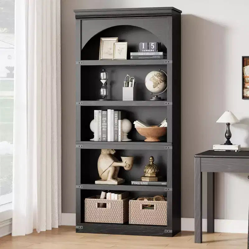 Bibliothèque arquée à 5 étagères, étagère de rangement imitation bois rustique avec protections d’angle en métal pour salon ou bureau
