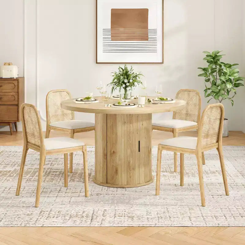 Mesa de comedor redonda de 43 pulgadas, para 4 personas, mesa de cocina compacta de madera con base de metal resistente, adecuada para comedores, acabado natural