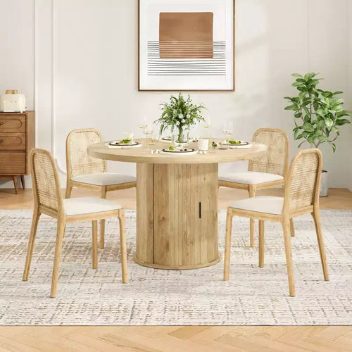 Mesa de comedor redonda de 43 pulgadas, para 4 personas, mesa de cocina compacta de madera con base de metal resistente, adecuada para comedores, acabado natural