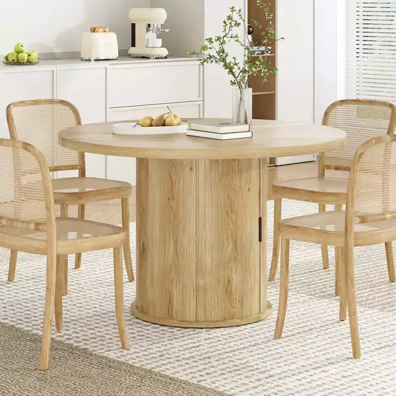Mesa de comedor redonda de 43 pulgadas, para 4 personas, mesa de cocina compacta de madera con base de metal resistente, adecuada para comedores, acabado natural