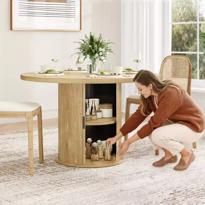 Mesa de comedor redonda de 43 pulgadas, para 4 personas, mesa de cocina compacta de madera con base de metal resistente, adecuada para comedores, acabado natural