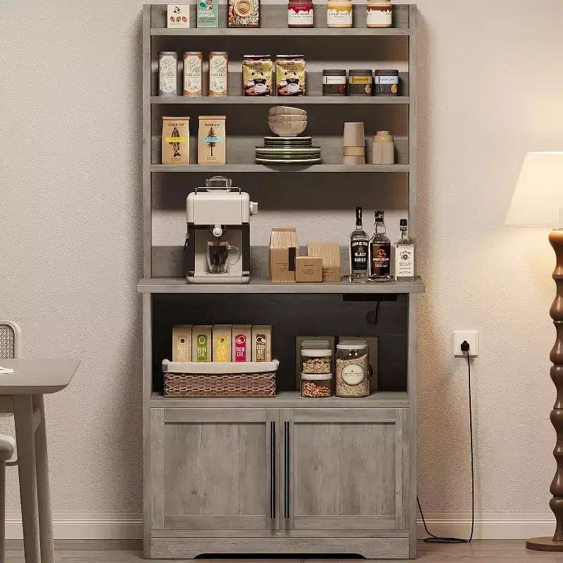 Étagère de cuisine avec placard de rangement, support pour micro-ondes, étagère de cuisine de style ferme avec plateau épais, pour cuisine ou salle à manger