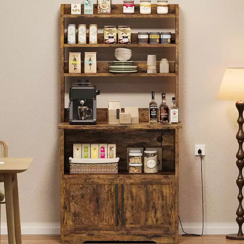 Étagère de cuisine avec placard de rangement, support pour micro-ondes, étagère de cuisine de style ferme avec plateau épais, pour cuisine ou salle à manger