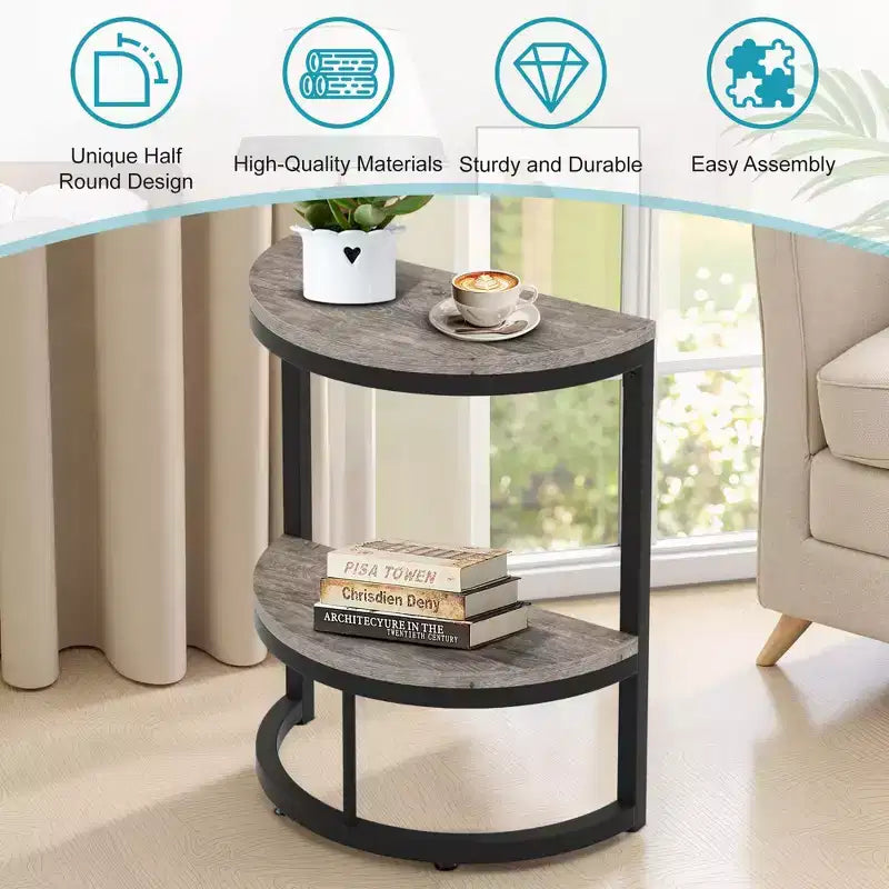 Mesa auxiliar semicircular, mesita minimalista para el sofá y junto a la cama, altura de 23.6, gris+negro