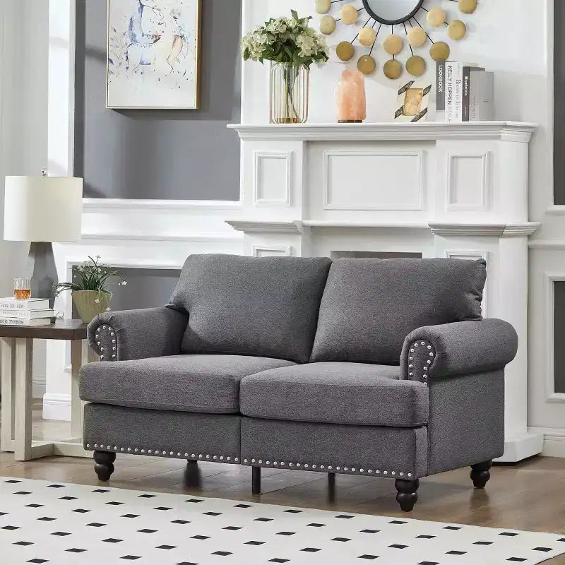 59.5 Zoll breites modernes klassisches Zweisitzersofa aus gepolstertem Polyesterstoff für das Wohnzimmer, Grau