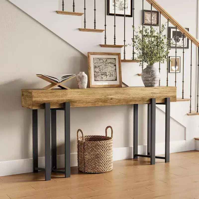 Mesa consola de 63 pulgadas, mesa industrial para colocar detrás del sofá con estructura de metal negro para entrada, sala de estar o recibidor, marrón rústico