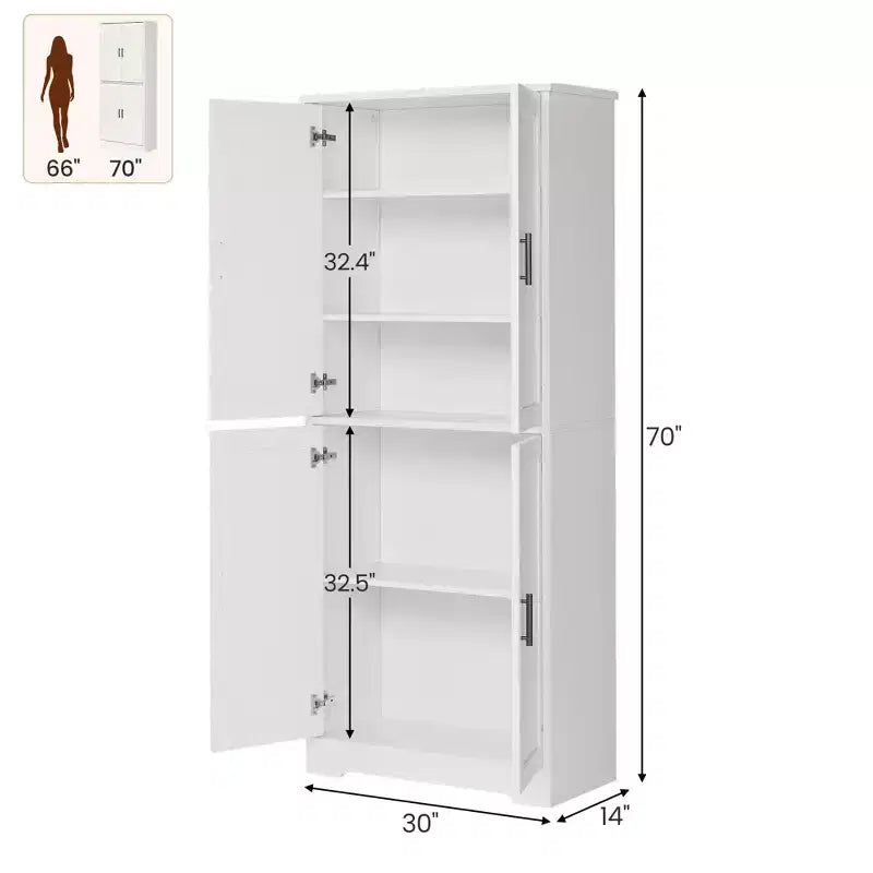 Armoire de rangement haute autoportante à 4 portes et étagères réglables, rangement en bois massif pour salon, cuisine ou salle de bains, design moderne et pratique