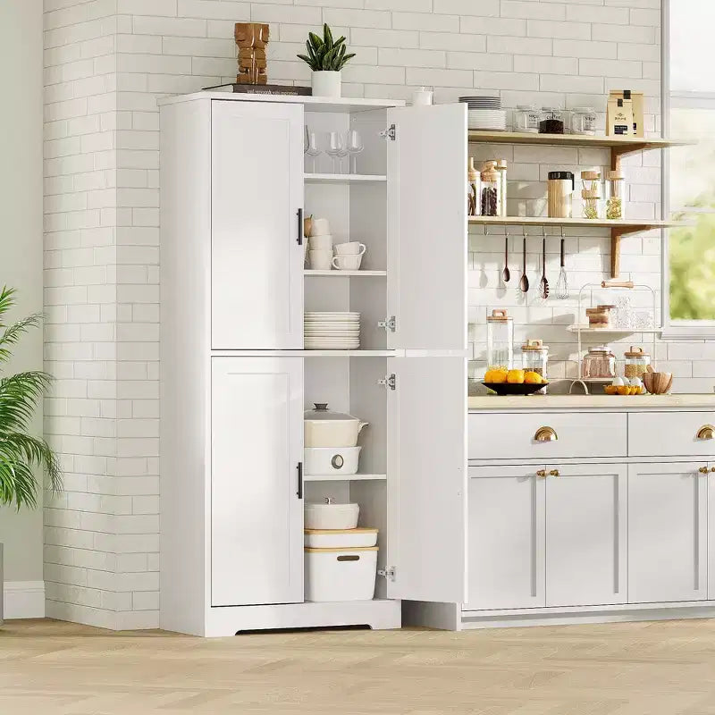 Armario alto de almacenamiento independiente con 4 puertas y estantes ajustables, organizador de madera maciza para sala de estar, cocina y baño, diseño moderno y práctico