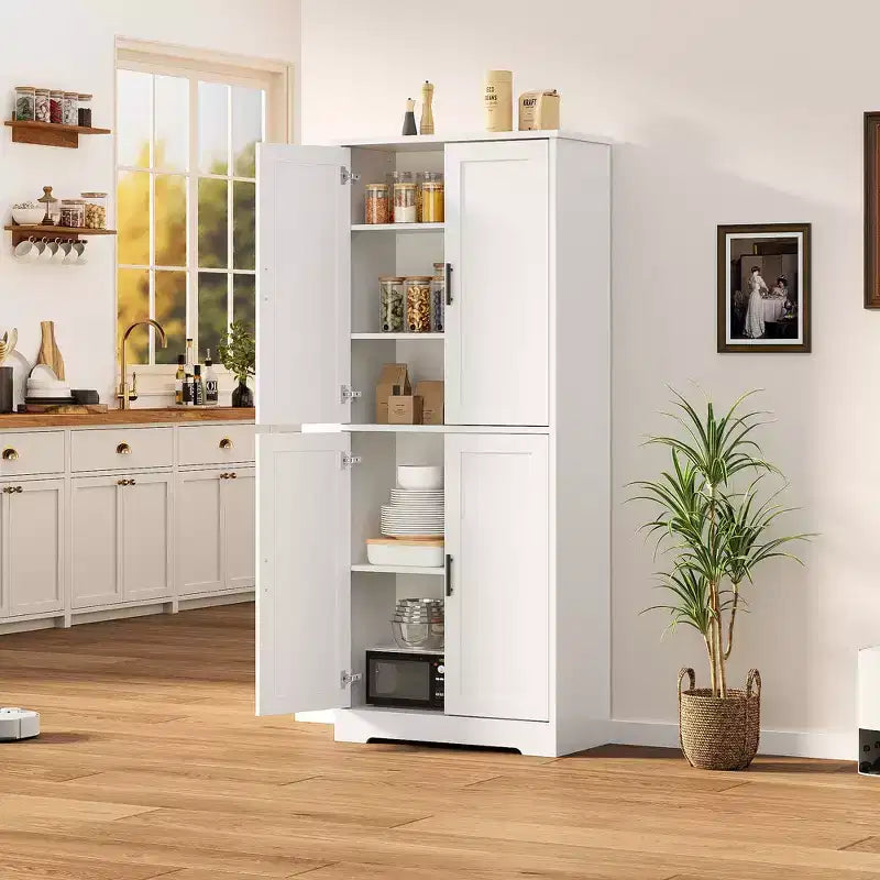 Armario alto de almacenamiento independiente con 4 puertas y estantes ajustables, organizador de madera maciza para sala de estar, cocina y baño, diseño moderno y práctico