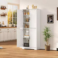 Armario alto de almacenamiento independiente con 4 puertas y estantes ajustables, organizador de madera maciza para sala de estar, cocina y baño, diseño moderno y práctico
