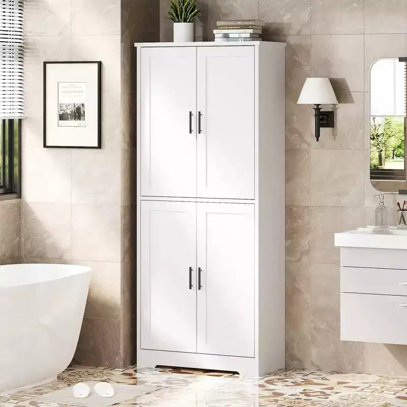 Armario alto de almacenamiento independiente con 4 puertas y estantes ajustables, organizador de madera maciza para sala de estar, cocina y baño, diseño moderno y práctico