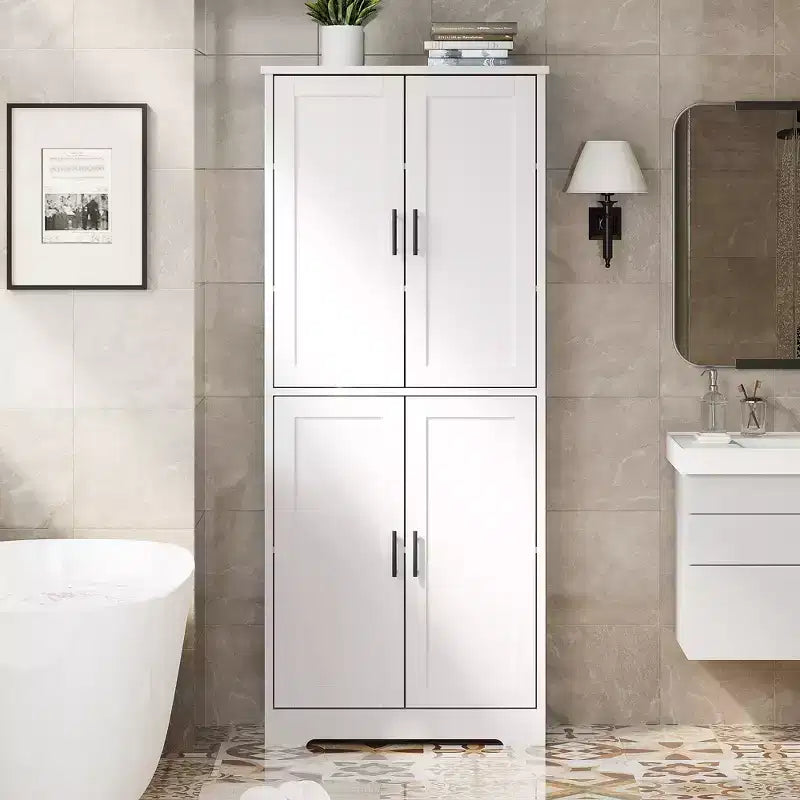 Armario alto de almacenamiento independiente con 4 puertas y estantes ajustables, organizador de madera maciza para sala de estar, cocina y baño, diseño moderno y práctico