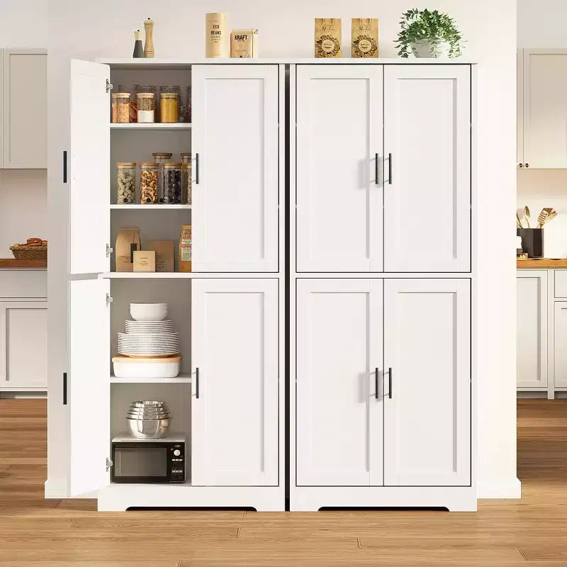 Armario alto de almacenamiento independiente con 4 puertas y estantes ajustables, organizador de madera maciza para sala de estar, cocina y baño, diseño moderno y práctico