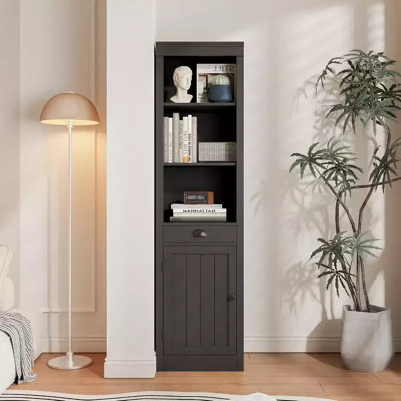 Librería alta y estrecha de 71 con puerta, estantería abierta de 3 niveles con cajón extraíble y estante ajustable, armario de una puerta para oficina en casa