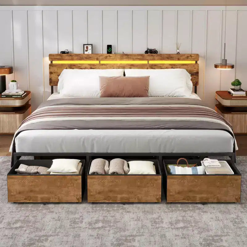 King Size Platform Bed Frame 3 Storage Drawers LED Lights Charging Station Vintage Brown Wood Headboard Shelf Heavy Duty Metal No Box Spring Needed
