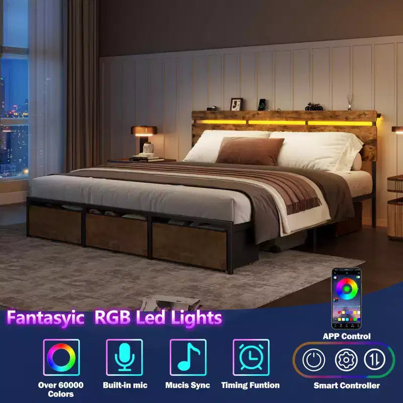 Estructura de cama con plataforma tamaño king, 3 cajones de almacenamiento, luces LED, estación de carga, cabecero de madera marrón vintage con estante, metal resistente, no requiere somier