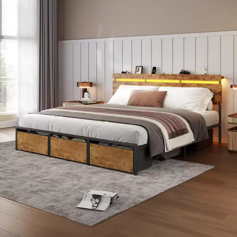 Estructura de cama con plataforma tamaño king, 3 cajones de almacenamiento, luces LED, estación de carga, cabecero de madera marrón vintage con estante, metal resistente, no requiere somier