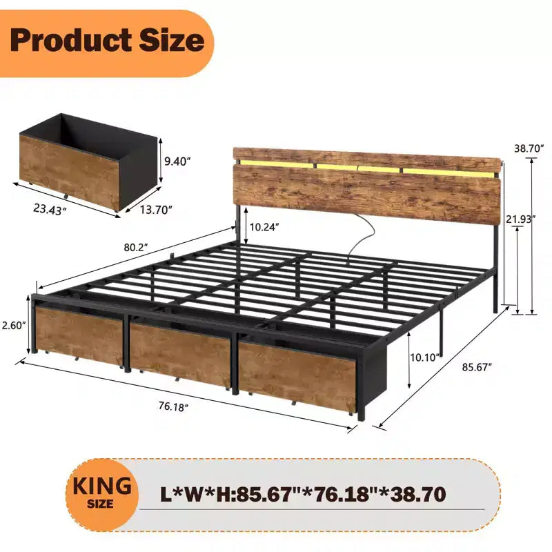 Estructura de cama con plataforma tamaño king, 3 cajones de almacenamiento, luces LED, estación de carga, cabecero de madera marrón vintage con estante, metal resistente, no requiere somier