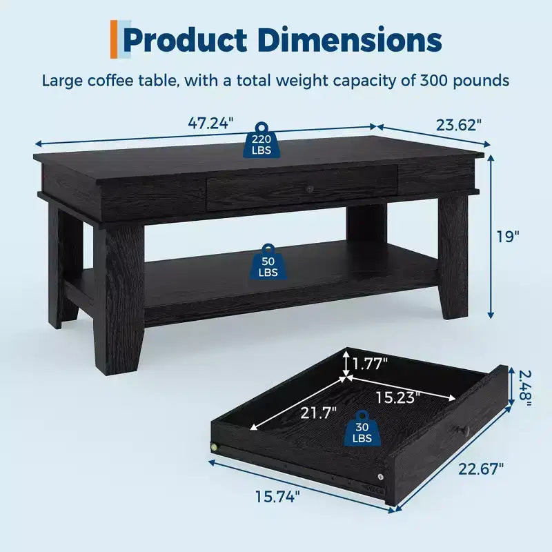 Mesa de centro con cajón, mesa central de 47.2 con estante de almacenamiento, mesa de centro larga de estilo rústico para sala de estar, resistente y fácil de limpiar