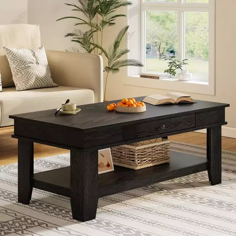 Mesa de centro con cajón, mesa central de 47.2 con estante de almacenamiento, mesa de centro larga de estilo rústico para sala de estar, resistente y fácil de limpiar