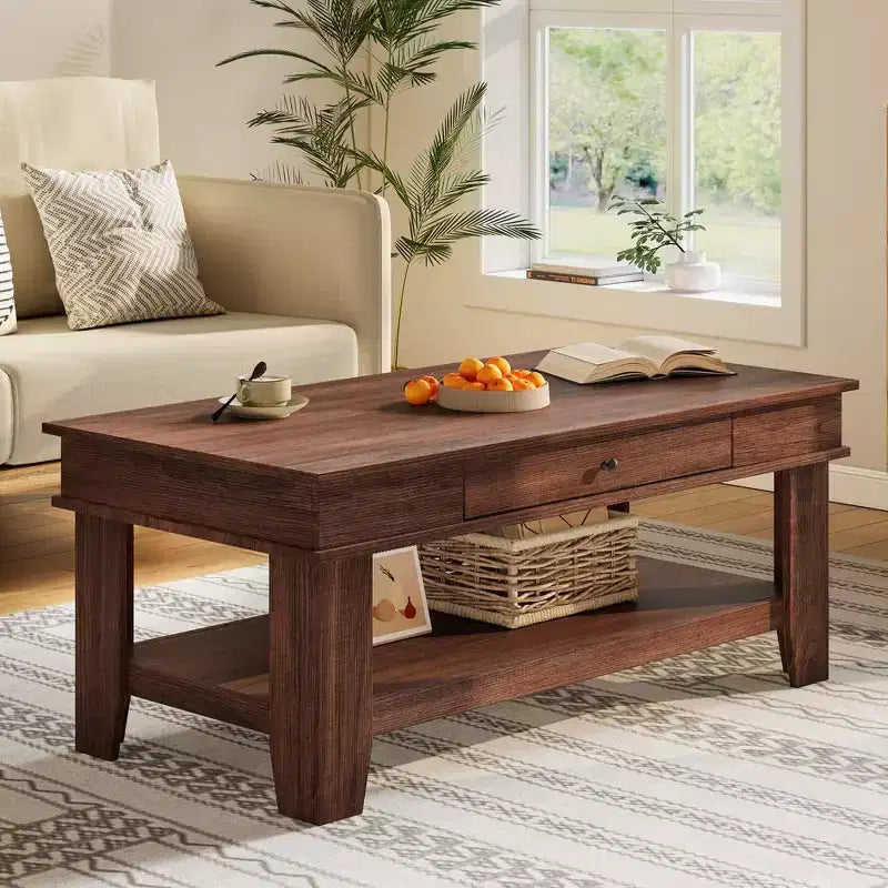 Mesa de centro con cajón, mesa central de 47.2 con estante de almacenamiento, mesa de centro larga de estilo rústico para sala de estar, resistente y fácil de limpiar