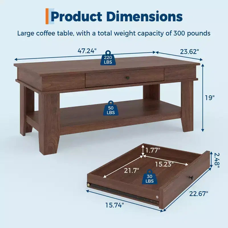 Mesa de centro con cajón, mesa central de 47.2 con estante de almacenamiento, mesa de centro larga de estilo rústico para sala de estar, resistente y fácil de limpiar