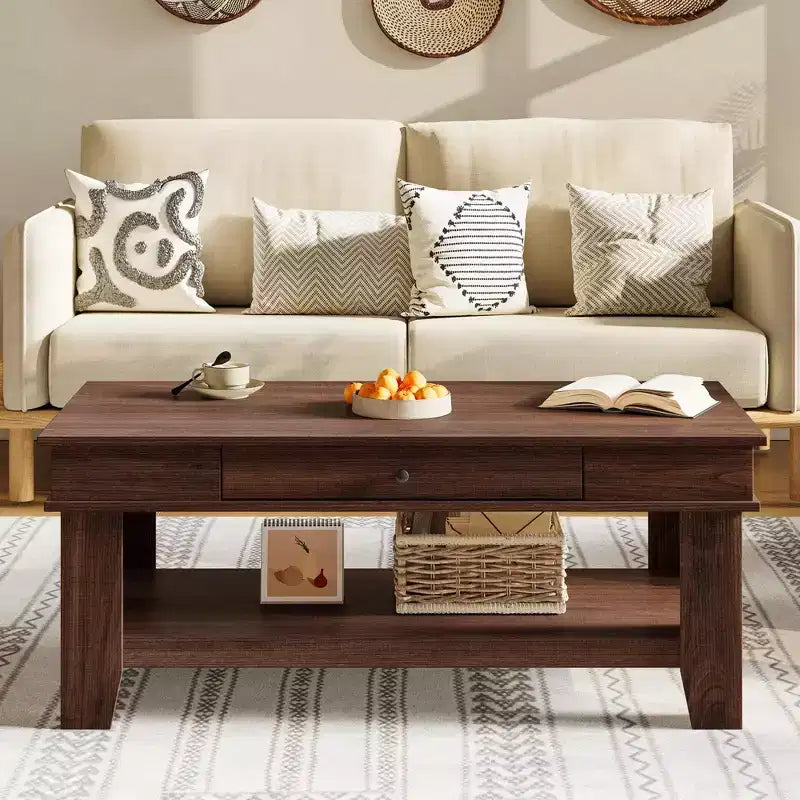 Mesa de centro con cajón, mesa central de 47.2 con estante de almacenamiento, mesa de centro larga de estilo rústico para sala de estar, resistente y fácil de limpiar