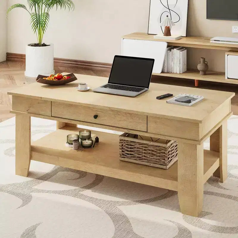 Table basse avec tiroir, table centrale de 47,2 pouces avec étagère de rangement, longue table basse rustique pour le salon, robuste et facile à nettoyer