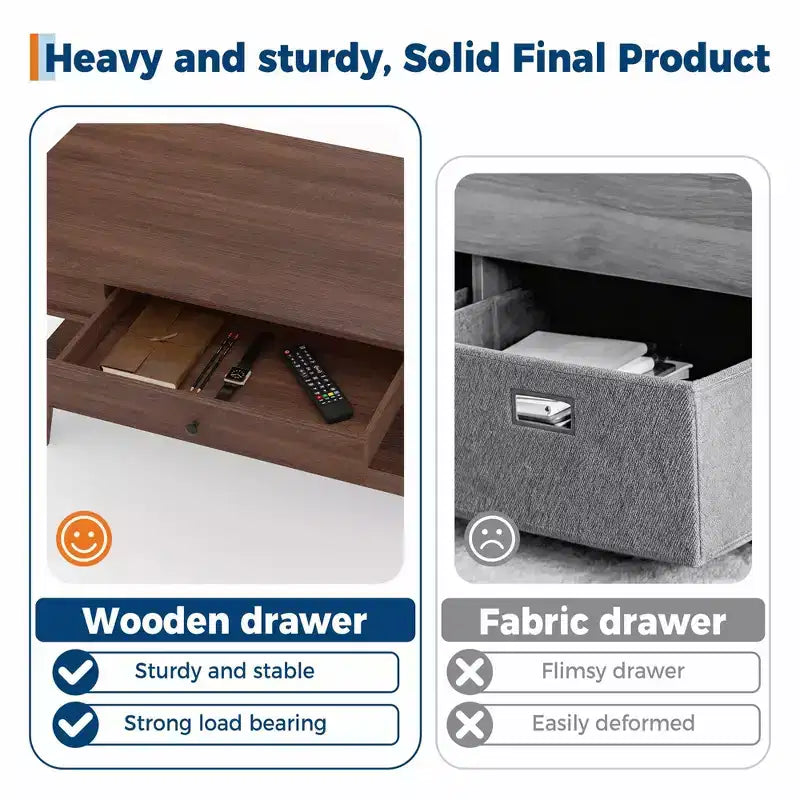 Mesa de centro con cajón, mesa central de 47.2 con estante de almacenamiento, mesa de centro larga de estilo rústico para sala de estar, resistente y fácil de limpiar