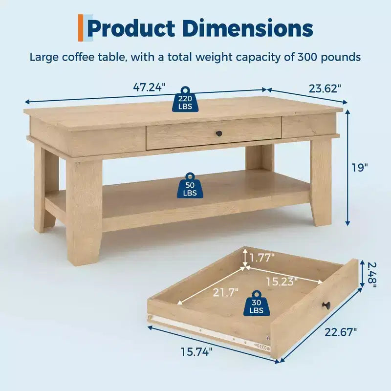 Table basse avec tiroir, table centrale de 47,2 pouces avec étagère de rangement, longue table basse rustique pour le salon, robuste et facile à nettoyer